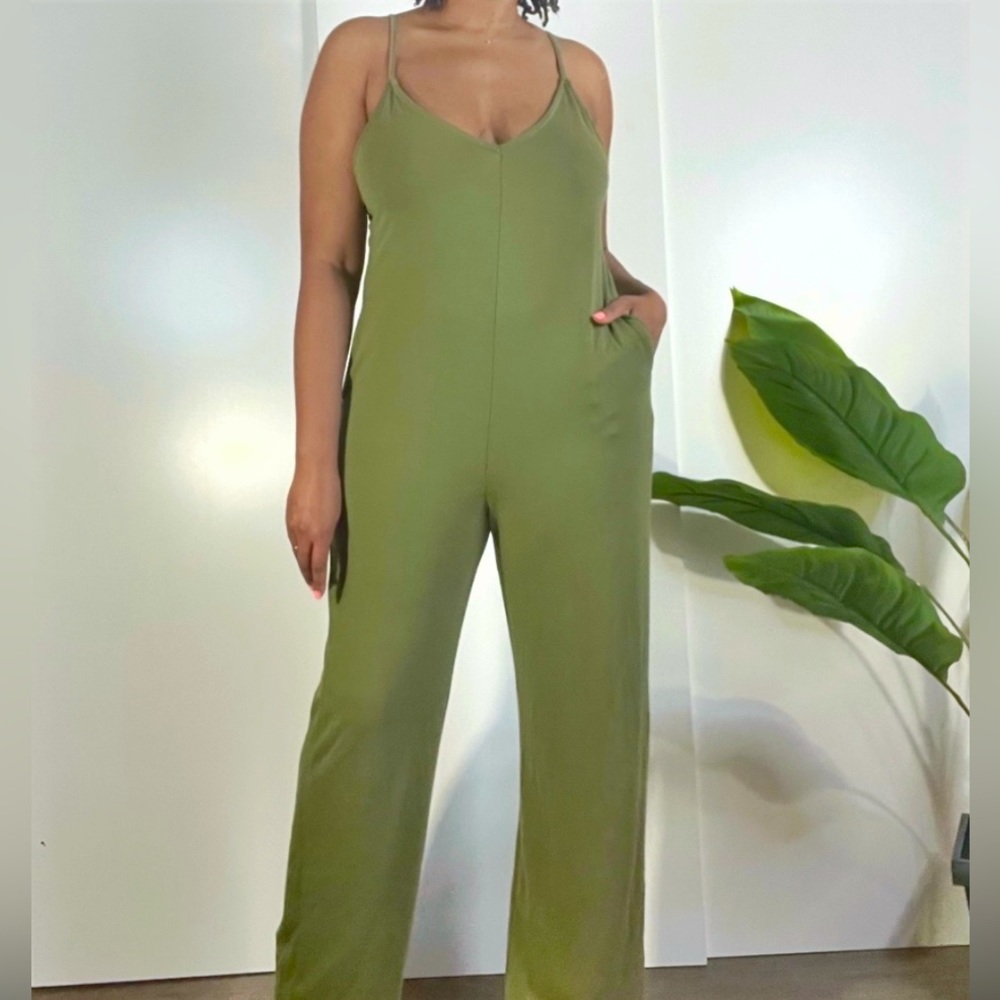LIVE TO BE SPOILED green spaghetti strap jersey jumpsuit